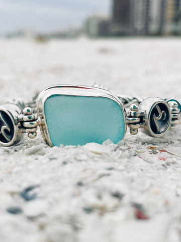 Beautiful Aqua Sea Glass Sterling Silver Bracelet