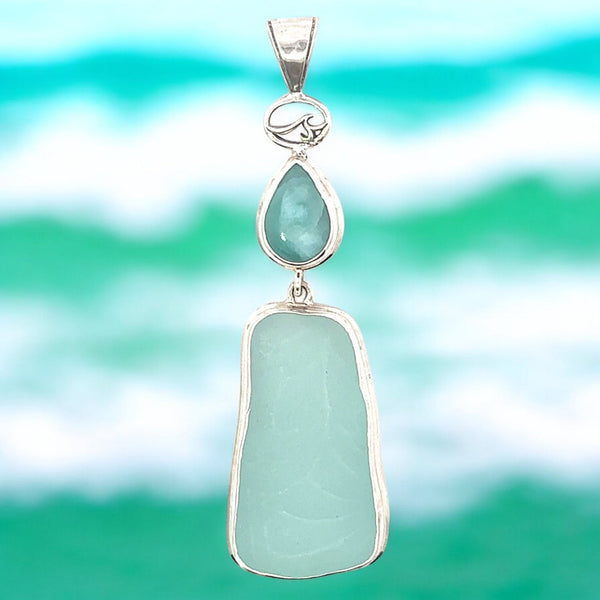 Larimar & Ultra Rare Sea Glass Pendant - Ocean Soul