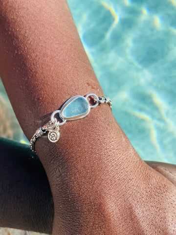 Aqua Sea Glass at the pool. Sterling Silver Nauti