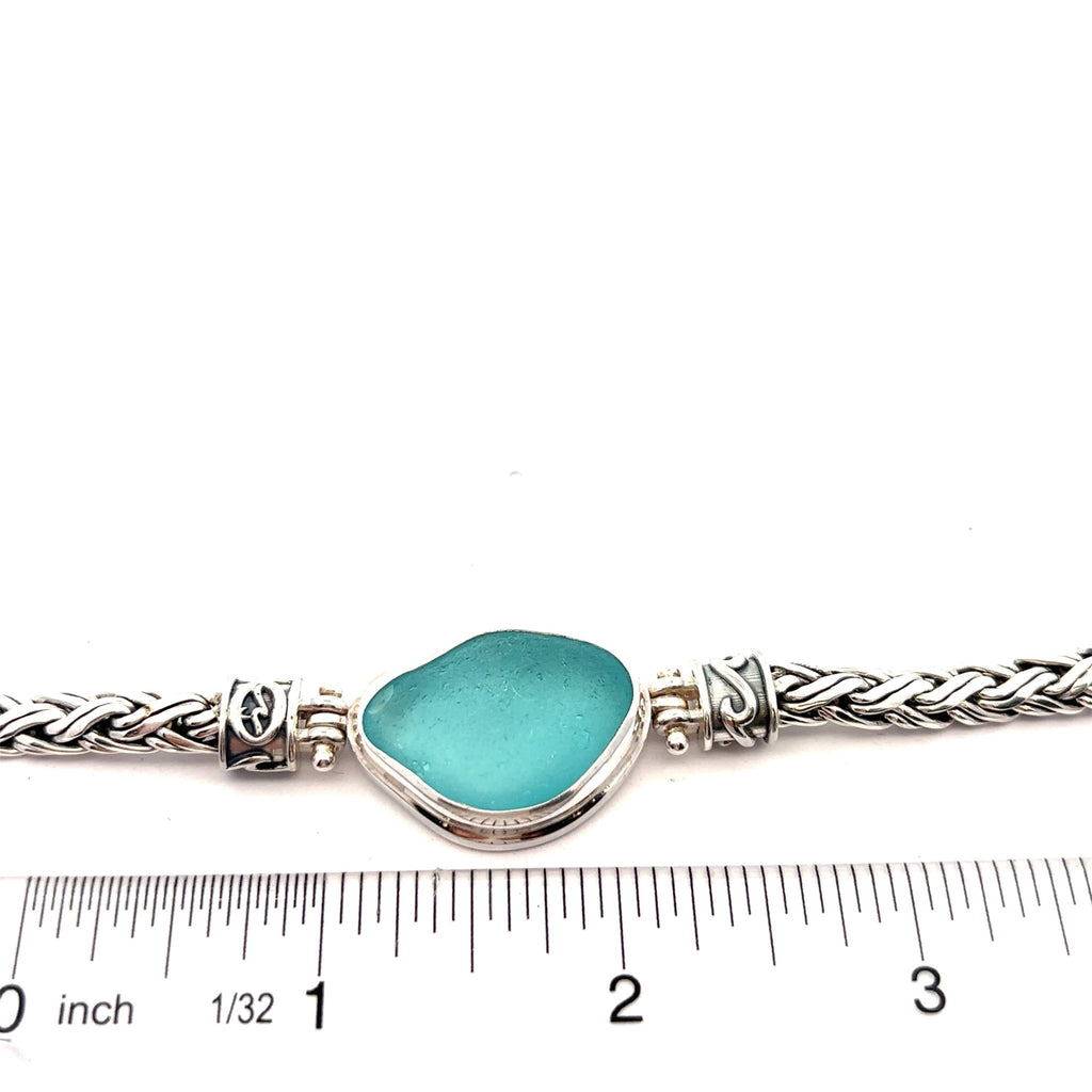 Aqua Sea Glass on the Deluxe Tigertail Adjustable Bracelet - Ocean Soul