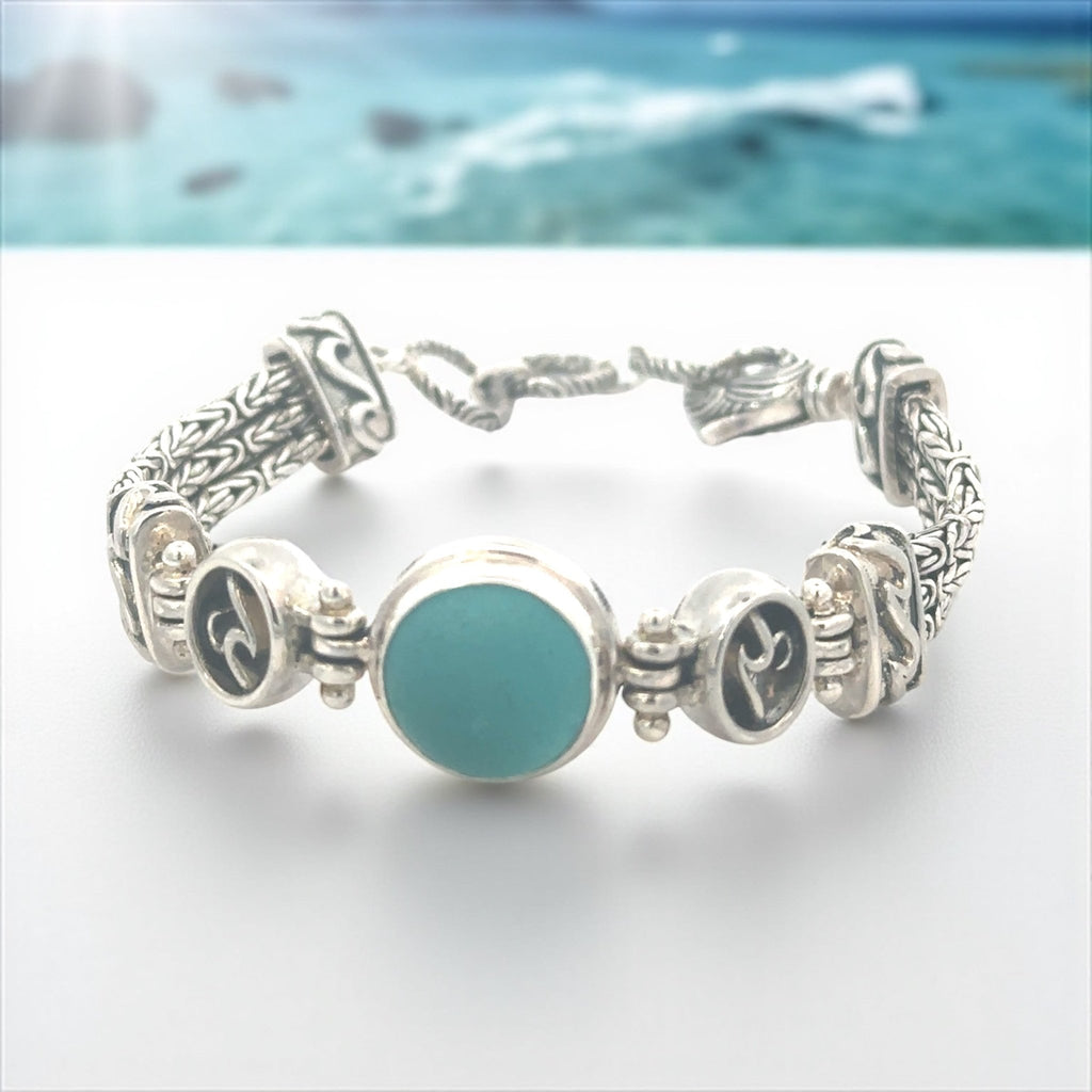 Aqua Sea Glass Triple Tigertail Bracelet - Ocean Soul