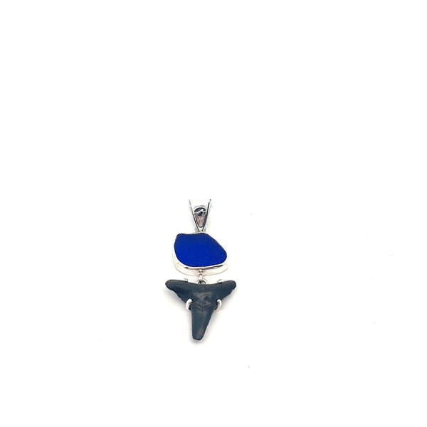 Cobalt Sea Glass and Shark Tooth Pendant - Ocean Soul