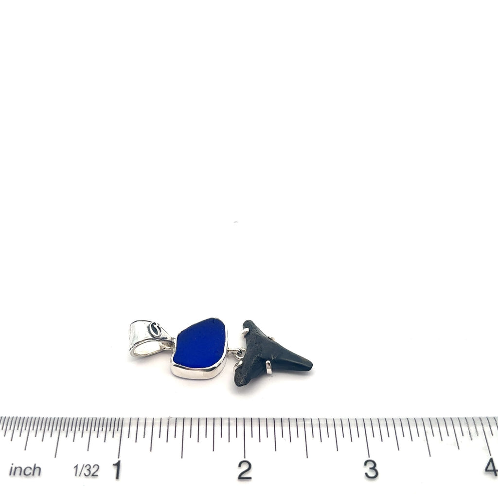 Cobalt Sea Glass and Shark Tooth Pendant - Ocean Soul