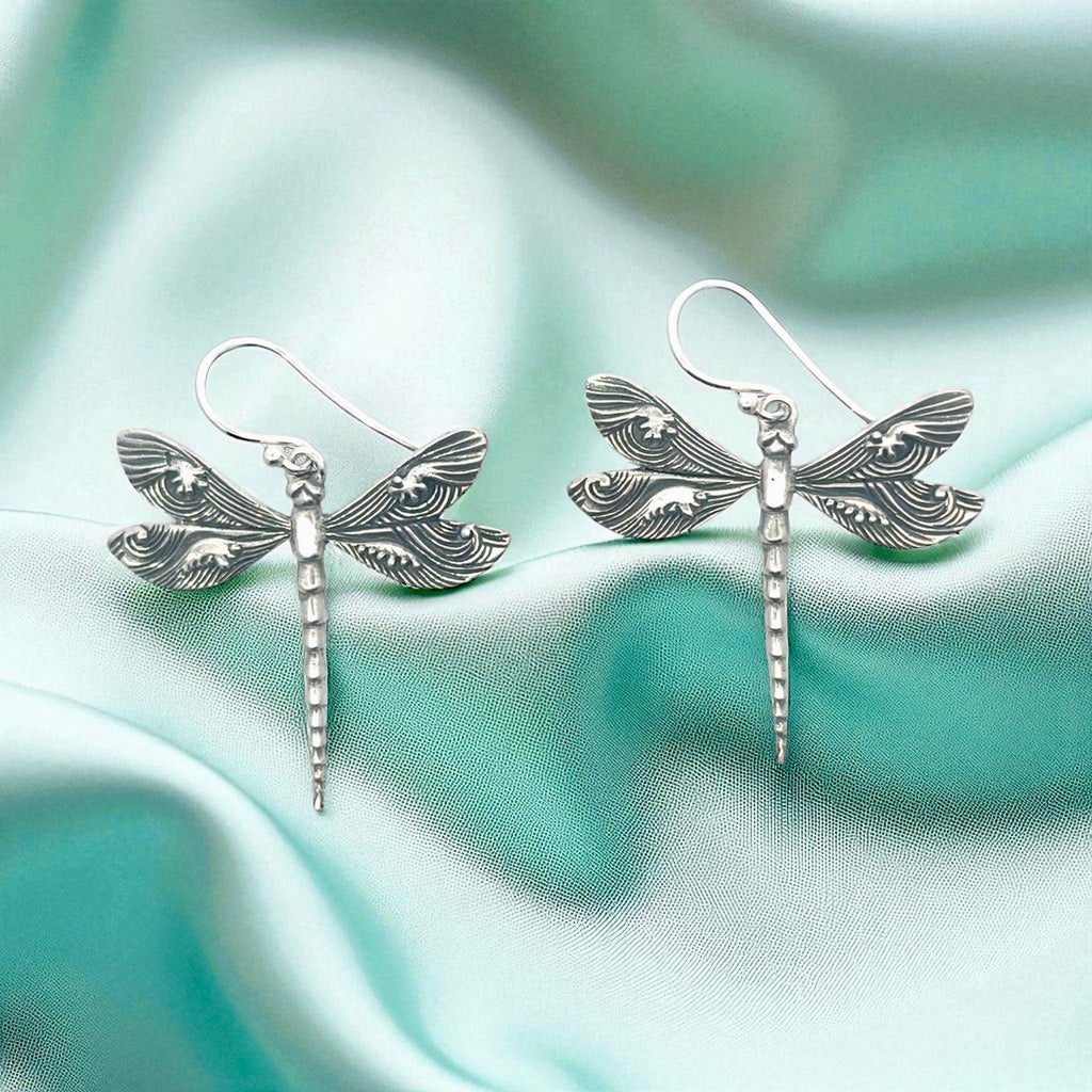 Dragon Fly Earrings With Hand Carved Waves - Ocean Soul