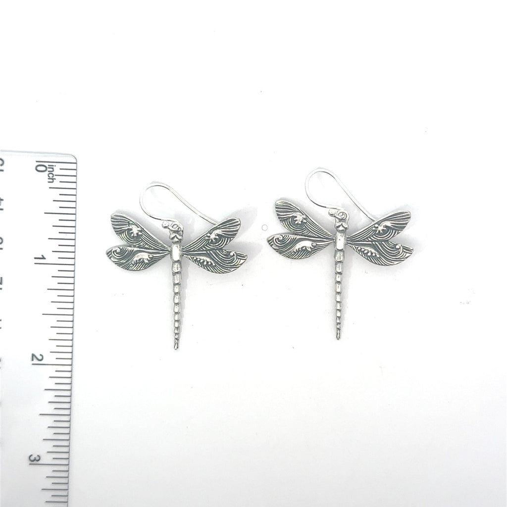 Dragon Fly Earrings With Hand Carved Waves - Ocean Soul