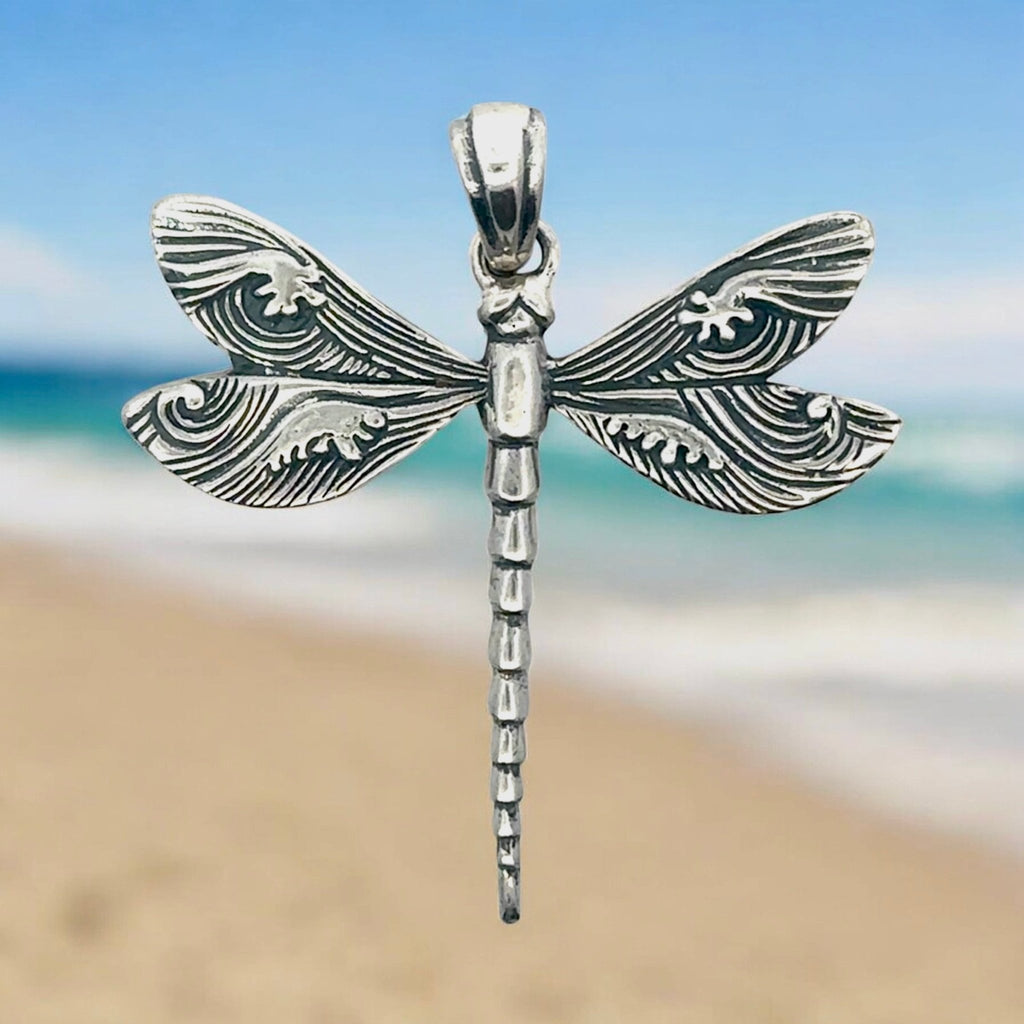 Dragon Fly Pendant With Hand Carved Waves - Ocean Soul