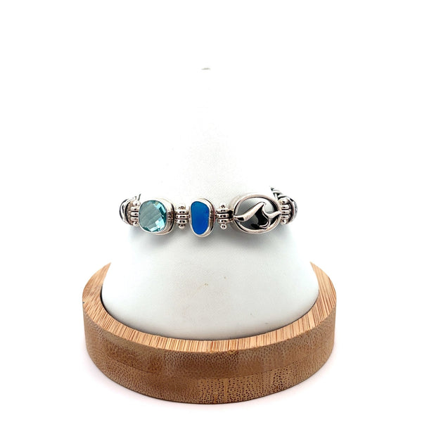 Electric Blue Sea Glass and Swarovski on the Deluxe Tigertail Adjustable Bracelet - Ocean Soul