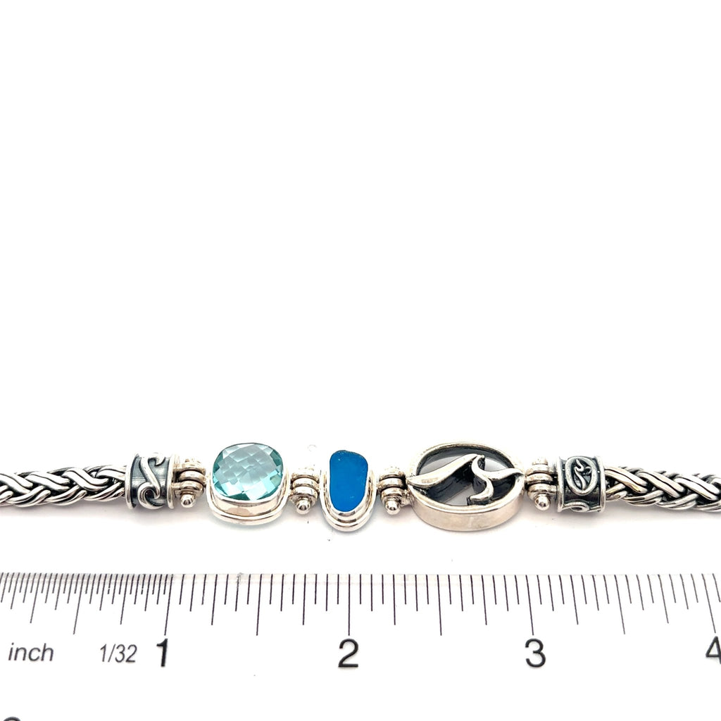 Electric Blue Sea Glass and Swarovski on the Deluxe Tigertail Adjustable Bracelet - Ocean Soul