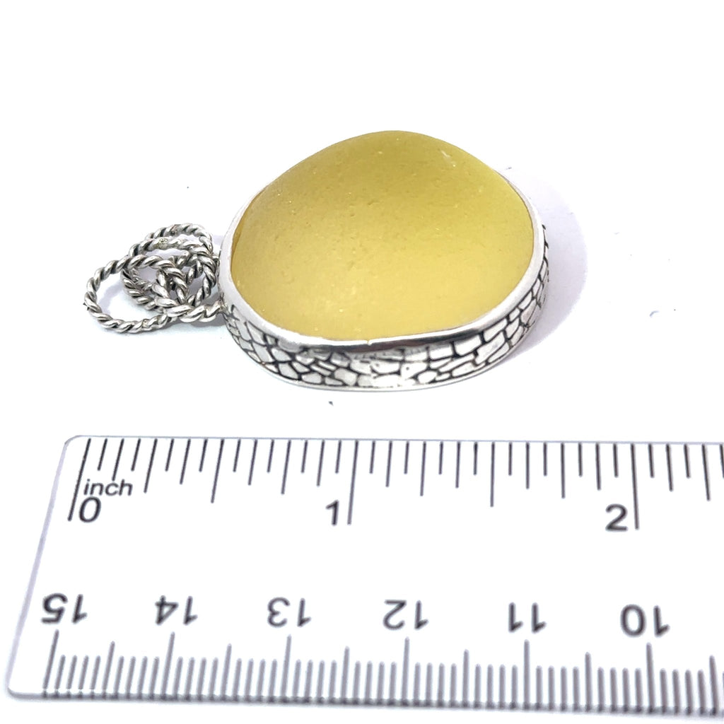 Large Yellow Sea Glass Pendant with Sea Fan Casted Bezel - Ocean Soul