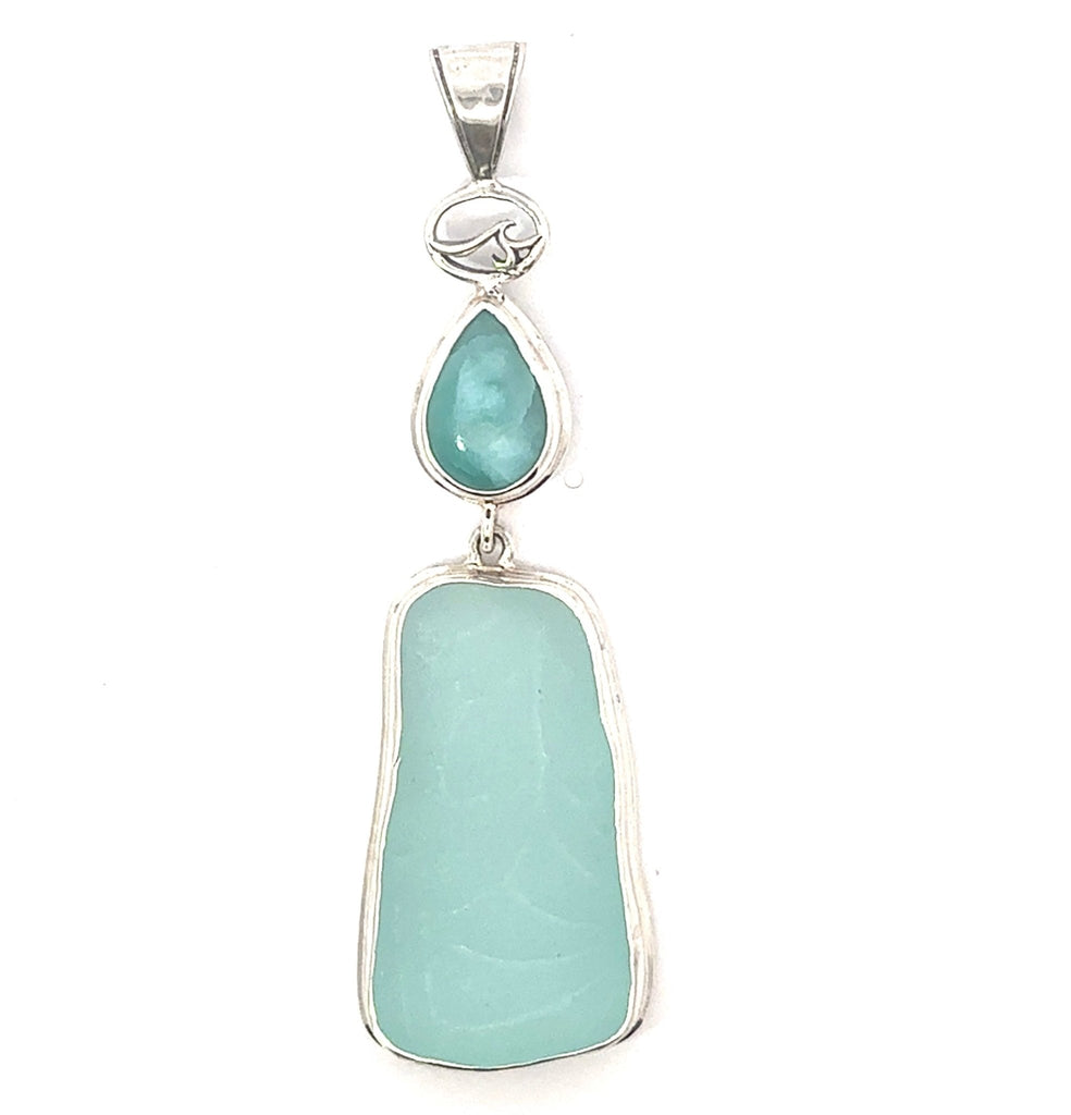 Larimar & Ultra Rare Sea Glass Pendant - Ocean Soul