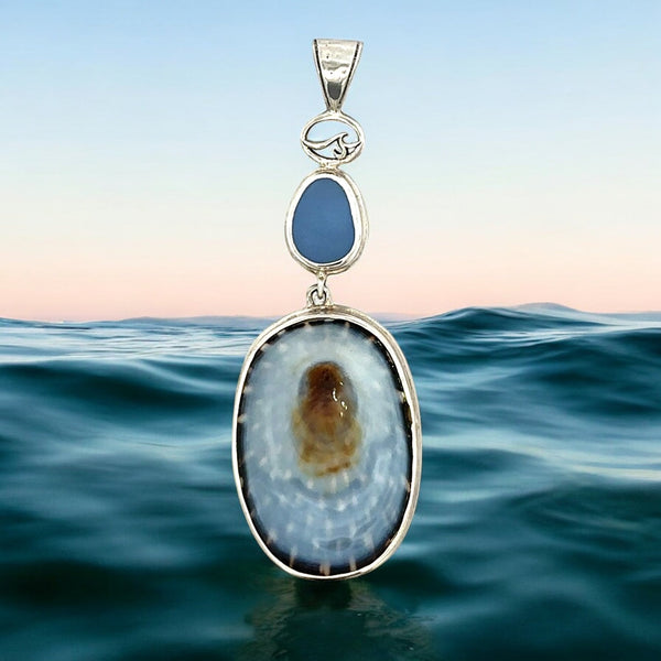 Limpet Shell Paired With Cornflower Sea Glass Pendant - Ocean Soul