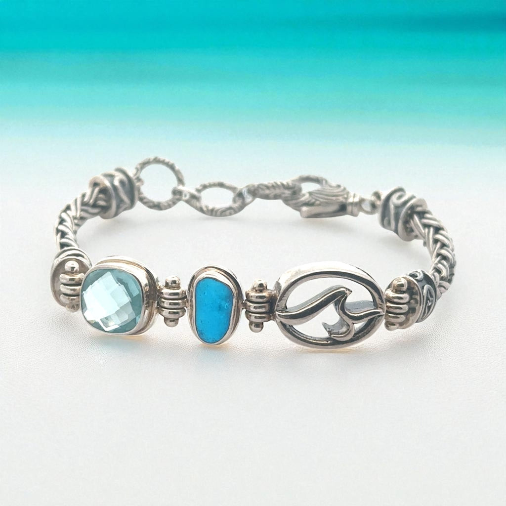 Marco Electric Blue Sea Glass and Swarovski on the Deluxe Romano Adjustable Bracelet - Ocean Soul