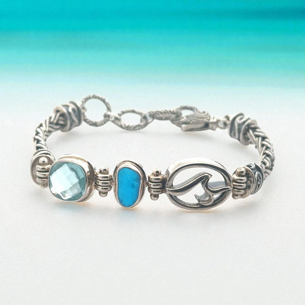 Marco Electric Blue Sea Glass and Swarovski on the Deluxe Romano Adjustable Bracelet - Ocean Soul