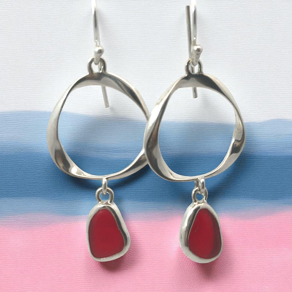 Red Sea Glass Twisted Ring Earrings - Ocean Soul