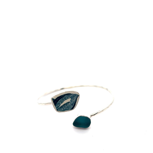 Teal Pottery and Sea Glass By-Pass Bracelet - Ocean Soul