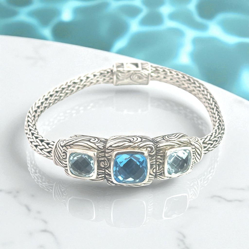 Triple Topaz Sky Blue, and Swiss on Bali Wave Chain - Ocean Soul