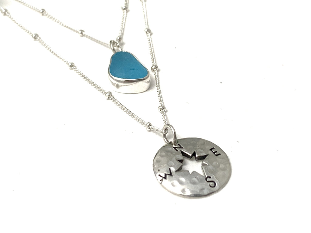 2 Tier Compass and Sea Glass Necklace - Ocean Soul