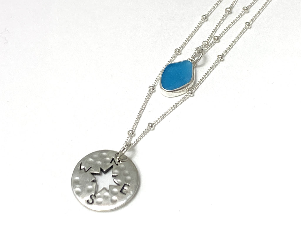 2 Tier Compass and Sea Glass Necklace - Ocean Soul