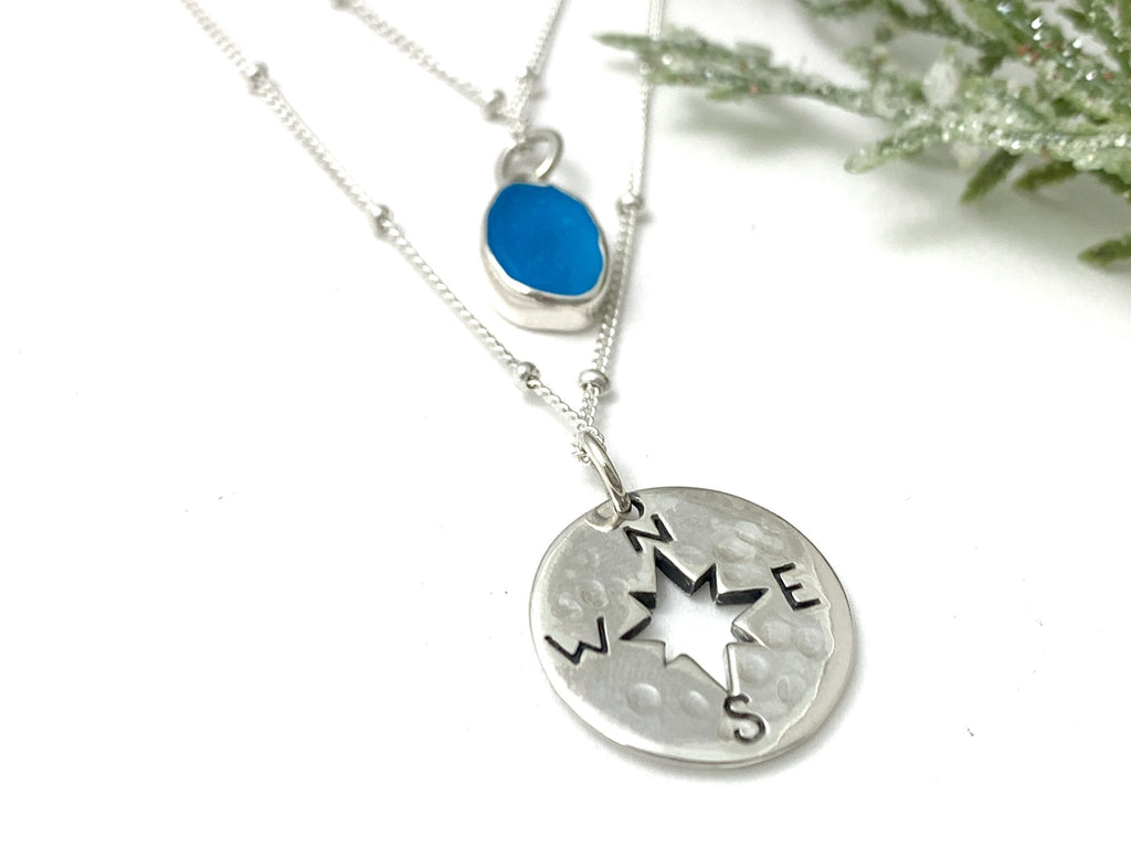 2 Tier Compass and Sea Glass Pendant - Ocean Soul