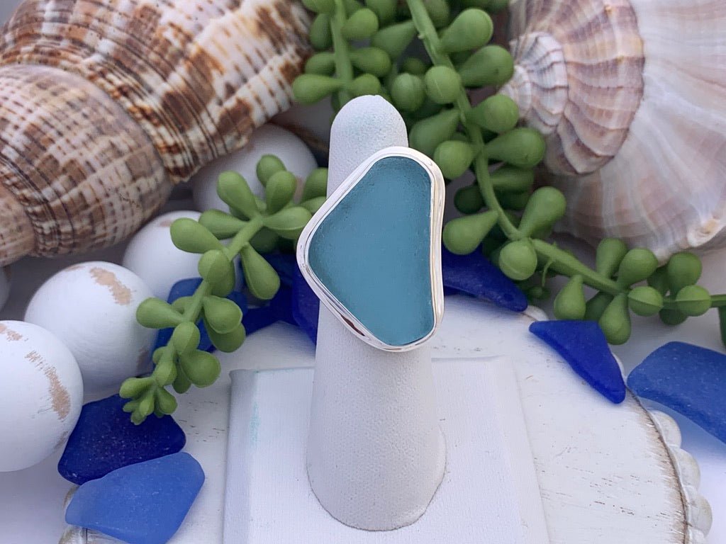 Aqua Sea Glass Statement Ring - Size 7 - Ocean Soul