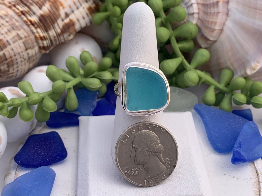 Aqua Sea Glass Statement Ring - Size 8 - Ocean Soul