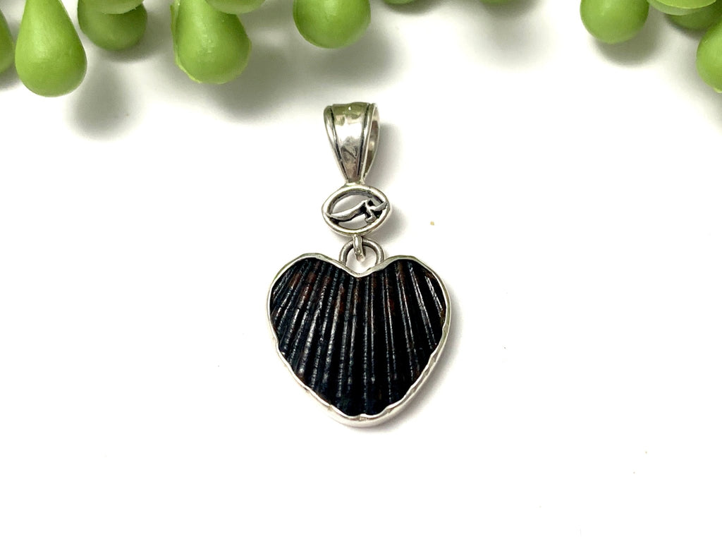 Black Scallop Heart Pendant with Logo and Hammered Bail - Ocean Soul