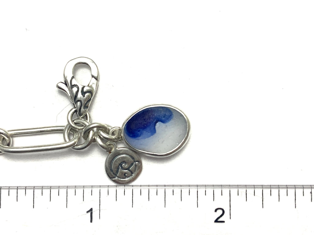 Blue Sea Glass Multi on Sterling Silver Paperclip Bracelet - Ocean Soul