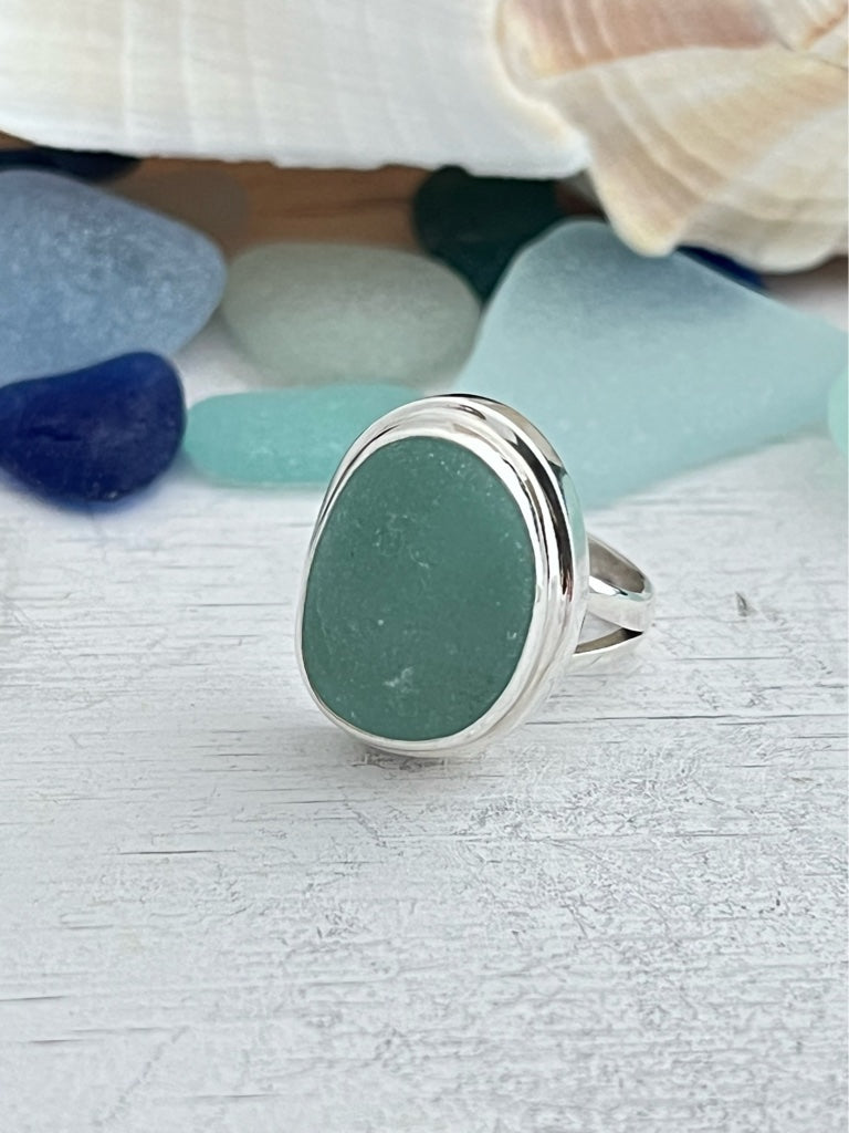 Blue Seafoam Sea Glass Statement Ring - Size 5 - Ocean Soul