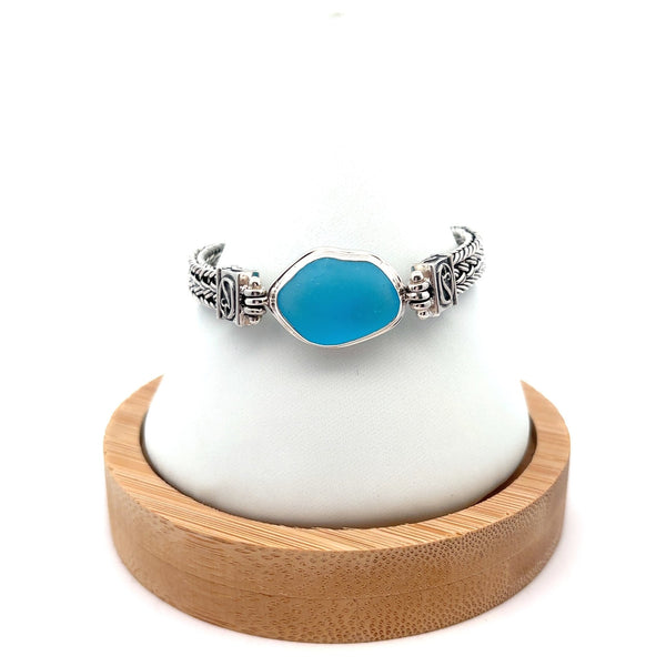 Bright Aquamarine Sea Glass on the Marco Adjustable Bracelet - Ocean Soul