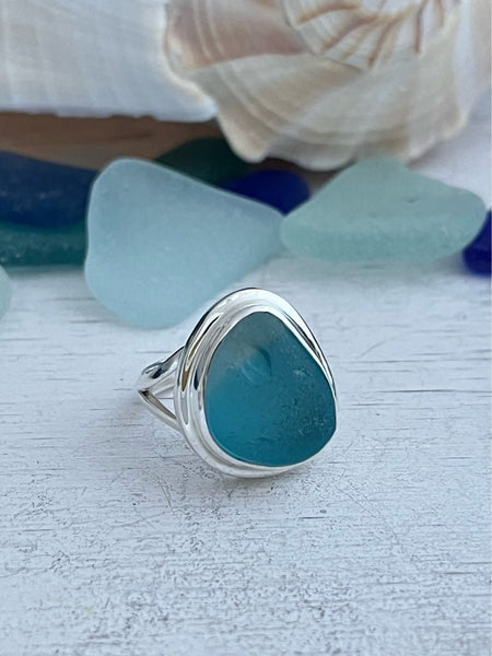 Caribbean Blue Multi Sea Glass Statement Ring - Size 6 - Ocean Soul