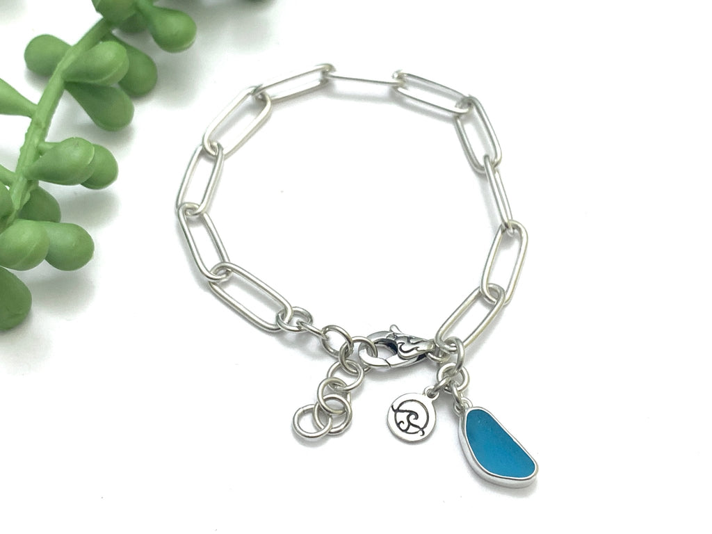 Caribbean Blue Sea Glass on Sterling Silver Paperclip Bracelet