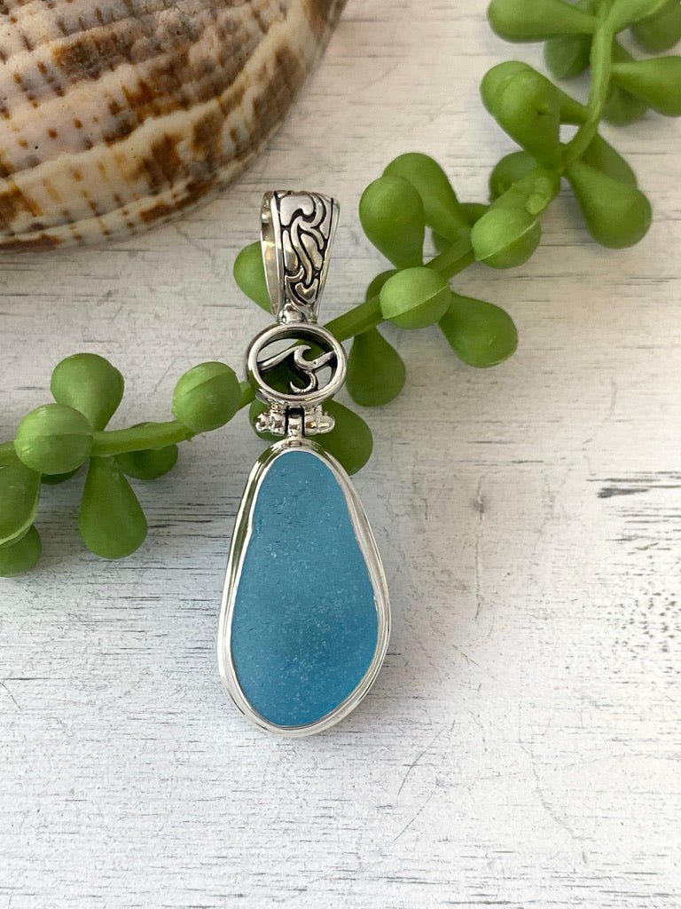 Caribbean Blue Sea Glass Pendant with Hand-carved bail and logo - Ocean Soul