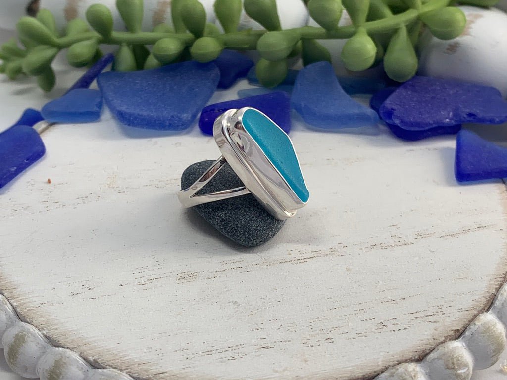 Caribbean Blue Sea Glass Statement Ring - Size 5 - Ocean Soul