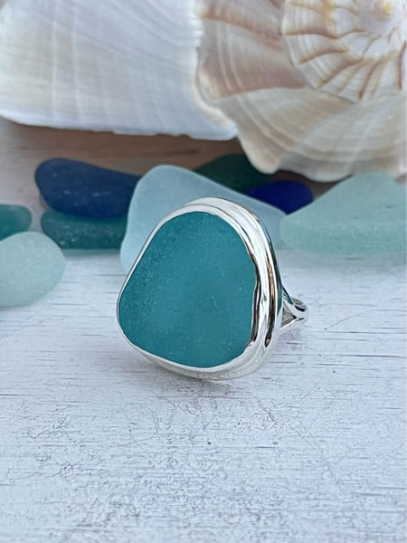 Caribbean Blue Sea Glass Statement Ring - Size 6 - Ocean Soul