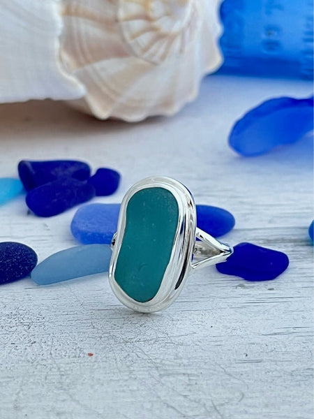 Caribbean Blue Sea Glass Statement Ring - Size 9 - Ocean Soul