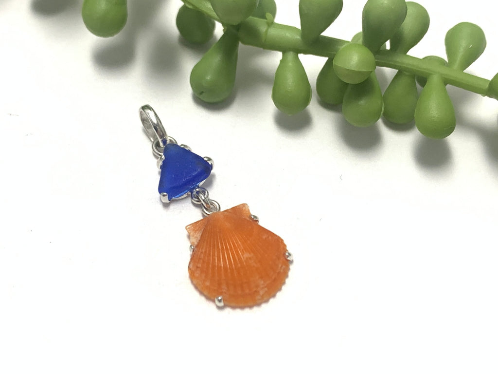 Cobalt Glass and Orange Scallop Prong Set Pendant - Ocean Soul