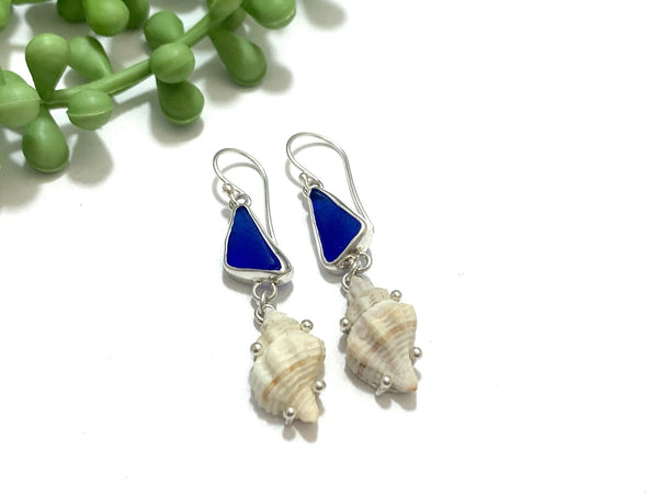 Cobalt Sea Glass and Cantharus Earrings - Ocean Soul