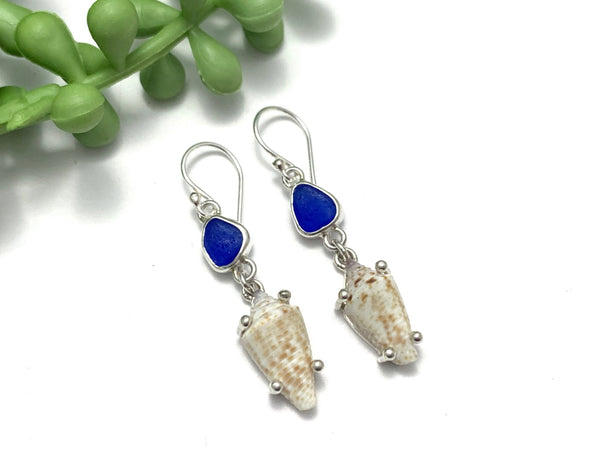 Cobalt Sea Glass and Dusky Cone Earrings - Ocean Soul