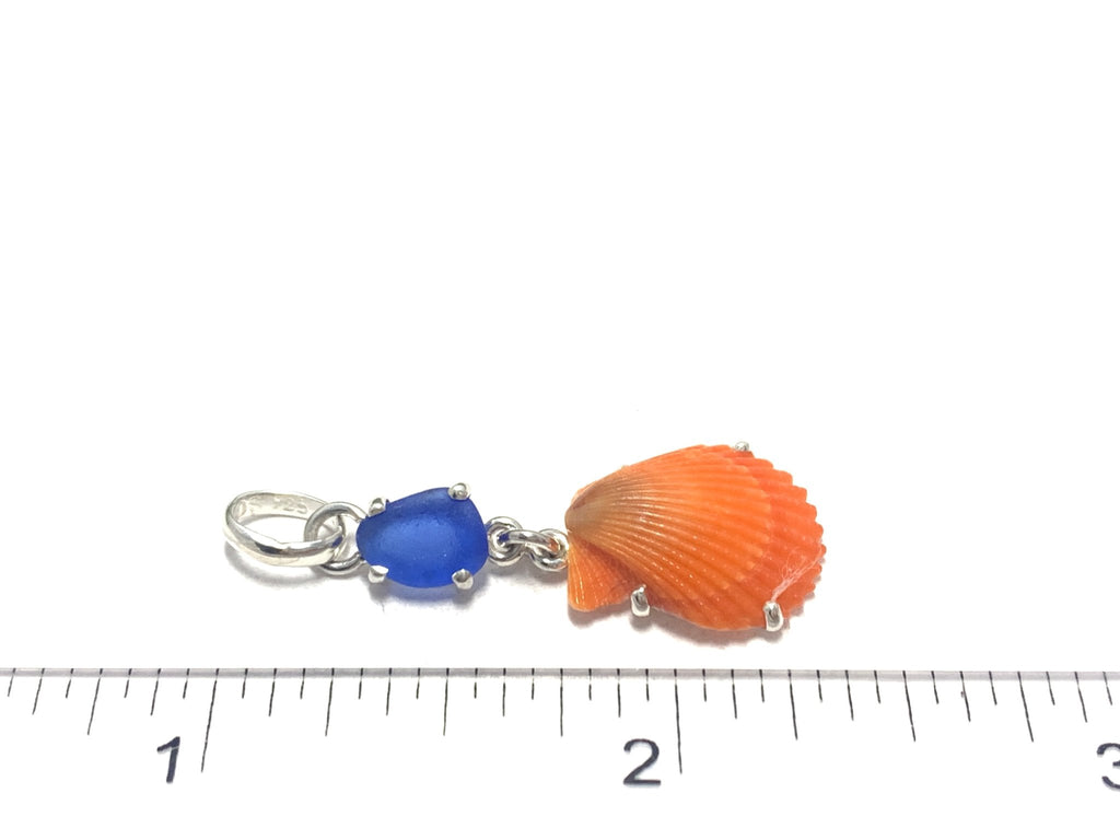 Cobalt Sea Glass and Orange Scallop Prong Set Pendant - Ocean Soul