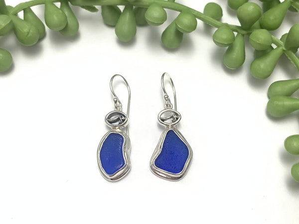 Cobalt Sea Glass Earrings with OS Logo and Double Bezel - Ocean Soul