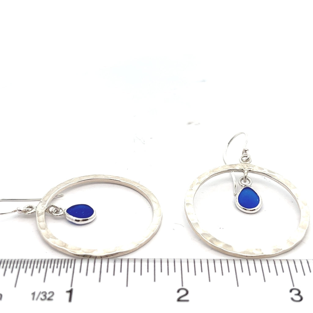 Cobalt Sea Glass Hammered O Ring Earrings - Ocean Soul