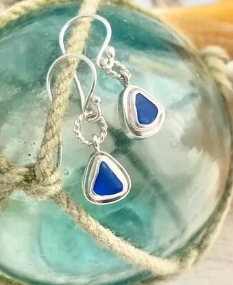 Cobalt Sea Glass Nautical Rope Earrings - Ocean Soul
