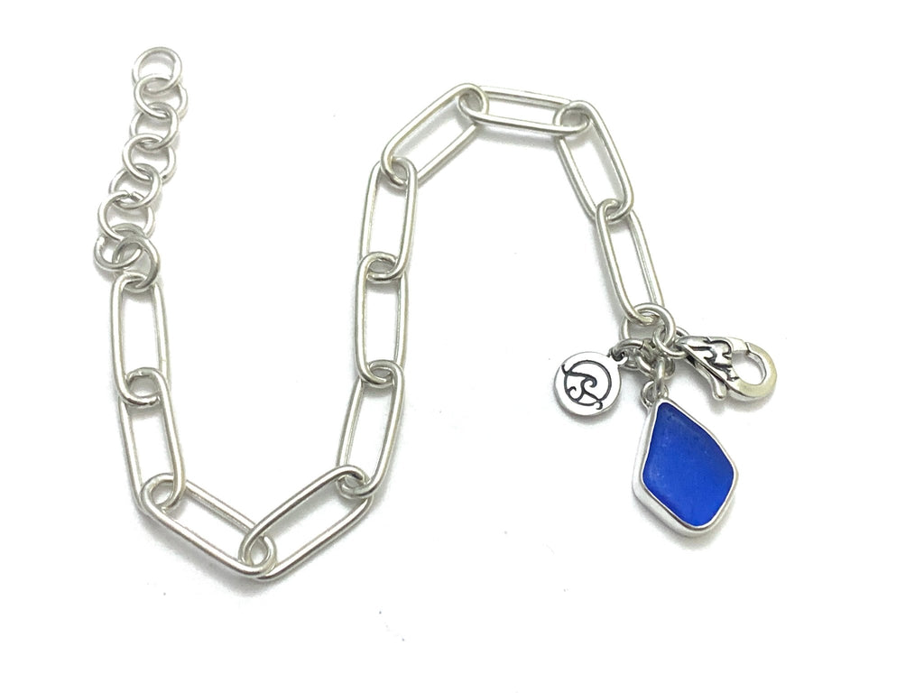 Cobalt Sea Glass on Sterling Silver Paperclip Bracelet - Ocean Soul