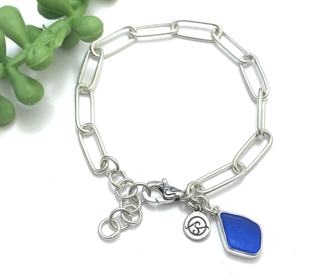 Cobalt Sea Glass on Sterling Silver Paperclip Bracelet - Ocean Soul