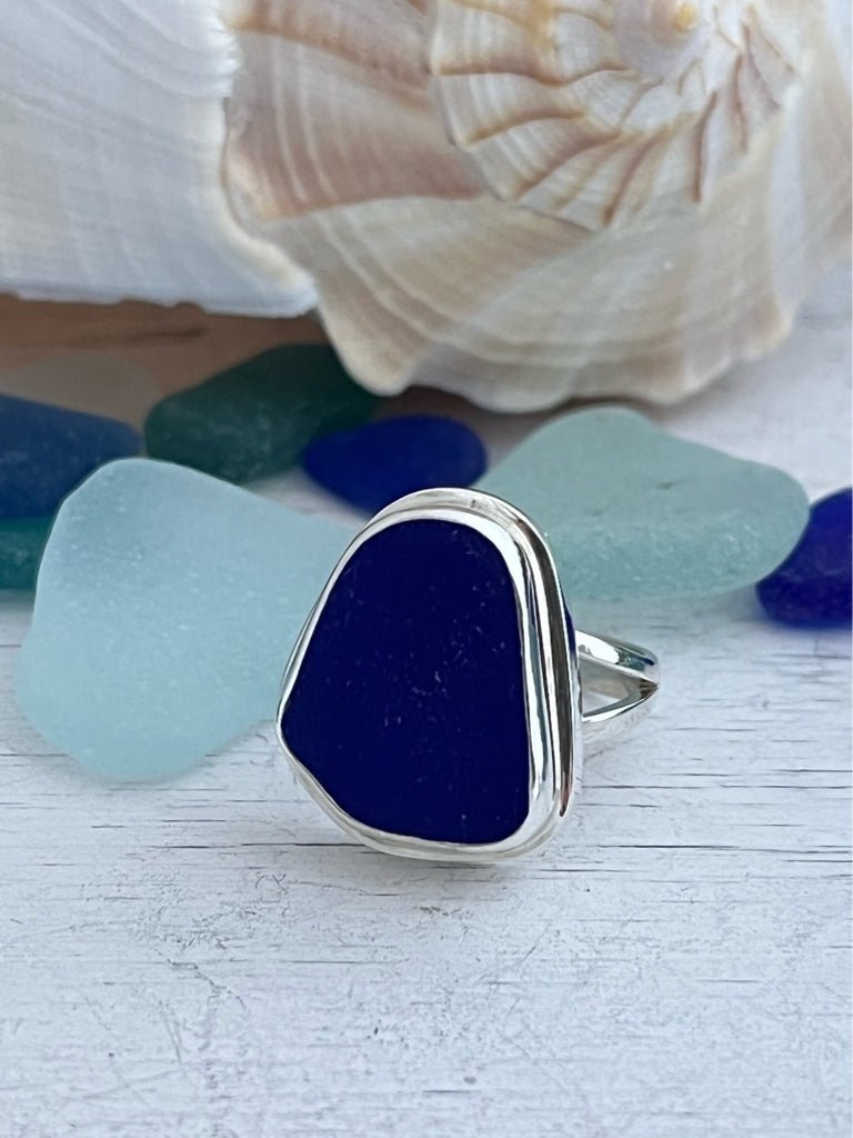 Cobalt Sea Glass Statement Ring - Size 10 - Ocean Soul