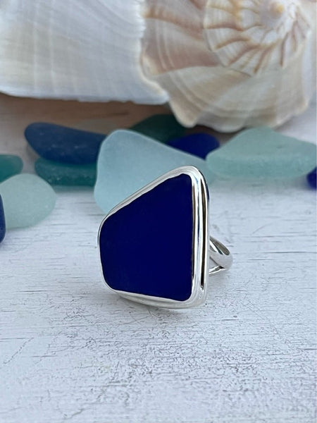 Cobalt Sea Glass Statement Ring - Size 6 - Ocean Soul