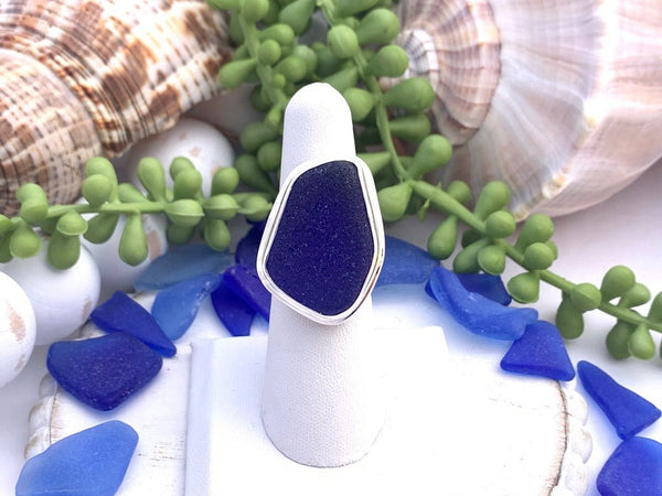 Cobalt Sea Glass Statement Ring - Size 8 - Ocean Soul