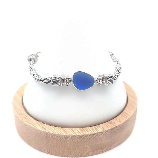 Cornflower Sea Glass on the Tiger-tail Adjustable Bracelet - Ocean Soul