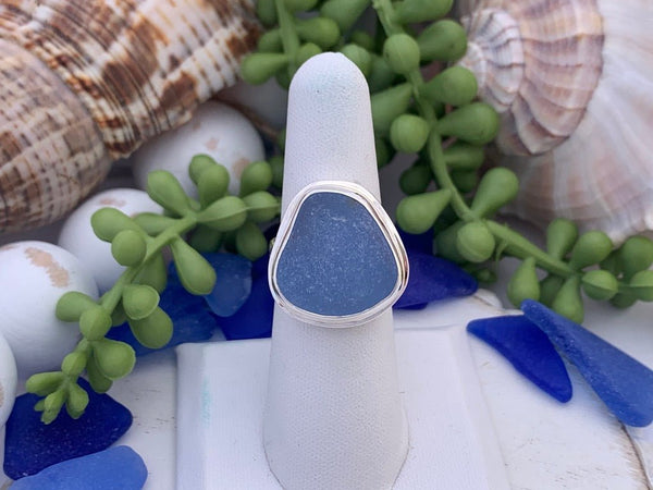 Cornflower Sea Glass Statement Ring - Size 7 - Ocean Soul
