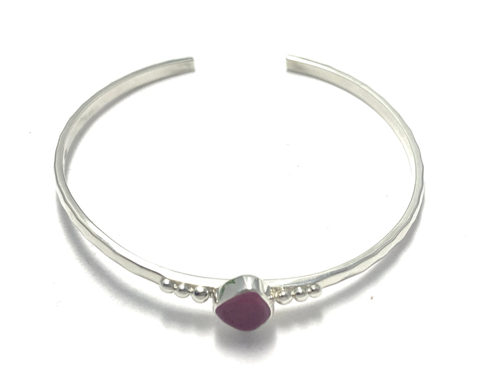 Deep Pink Sea Glass on Dotted Cuff - Ocean Soul